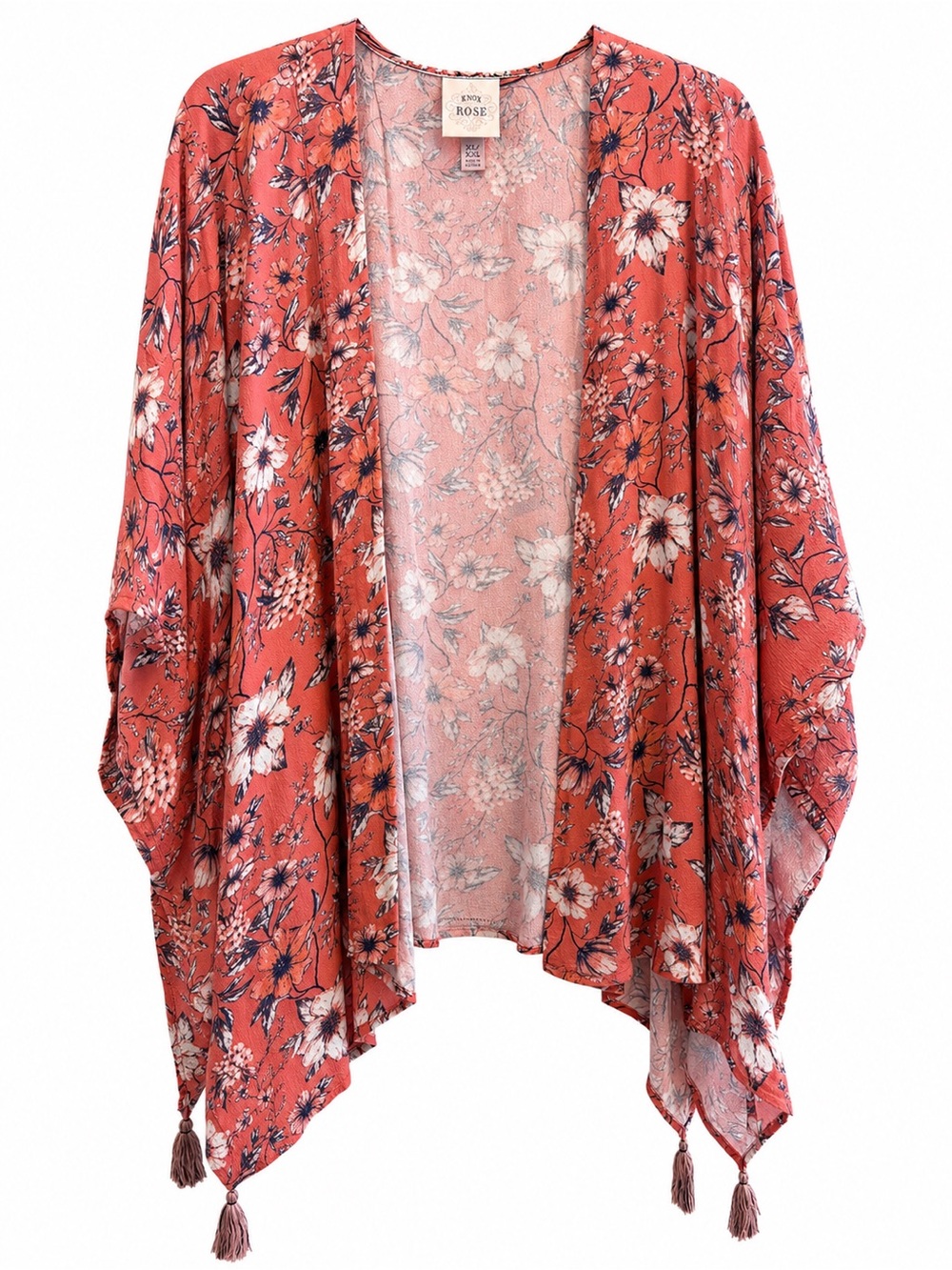 Knox Rose Floral Tassel Kimono Cardigan Coral Boho XL XXL Duster Wrap